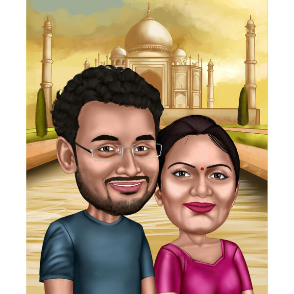 Indijas pāra karikatūras dāvana ar Tadžmahala fonu no fotoattēliem