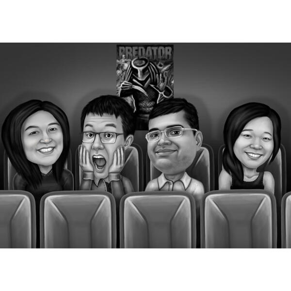 Skupina v kině – dárek pro černobílou karikaturu z fotografií