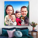Family with Kids Colored Caricature with Background on Canvas