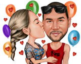 Regalo d'arte di anniversario di caricatura di coppia personalizzata con sfondo di palloncini