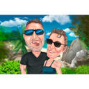Caricatura de casal de férias engraçadas no fundo de Seabeach de fotos