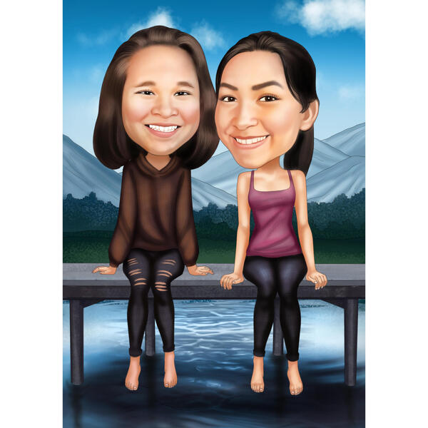 Portrait caricatural d'amis avec vue sur la nature