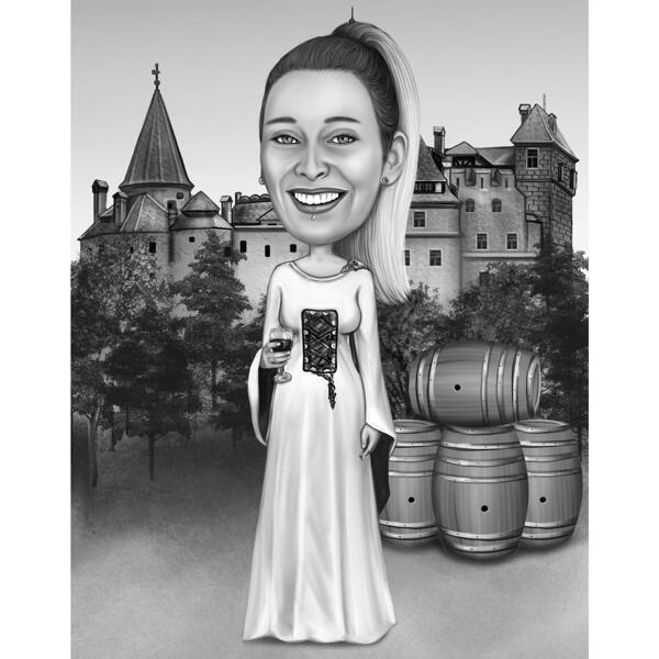 Persona de cuerpo entero con caricatura de vino en estilo blanco y negro con fondo de castillo