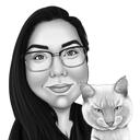 Man med katt tecknad karikatyrpresent i svartvit stil från foto