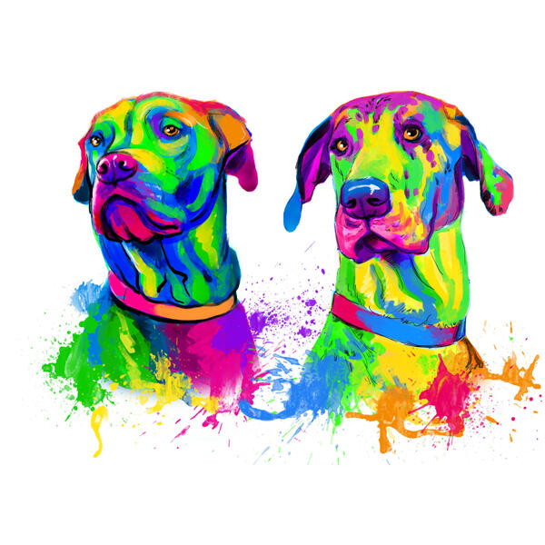 Pāris lepnas sirds dāņu dogu suņu karikatūras portrets varavīksnes akvareļa stilā