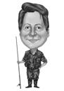 Full Body High Exaggerated Fisherman Caricature in Black and White Style from Photos