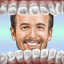 Zahnarzt, der durch Zahnkarikatur schaut