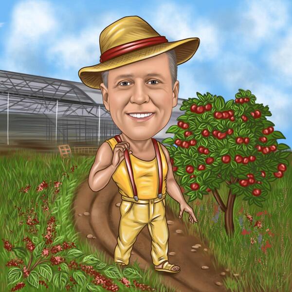 Farmer Cartoon Walking in Garden