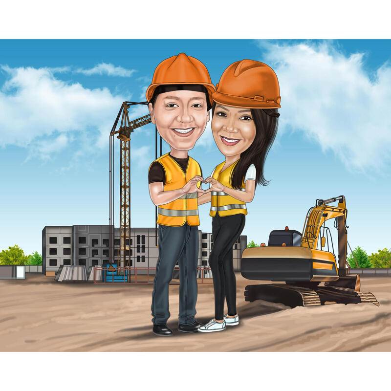 Caricatura de pareja de trabajadores de la construcción con fondo  personalizado