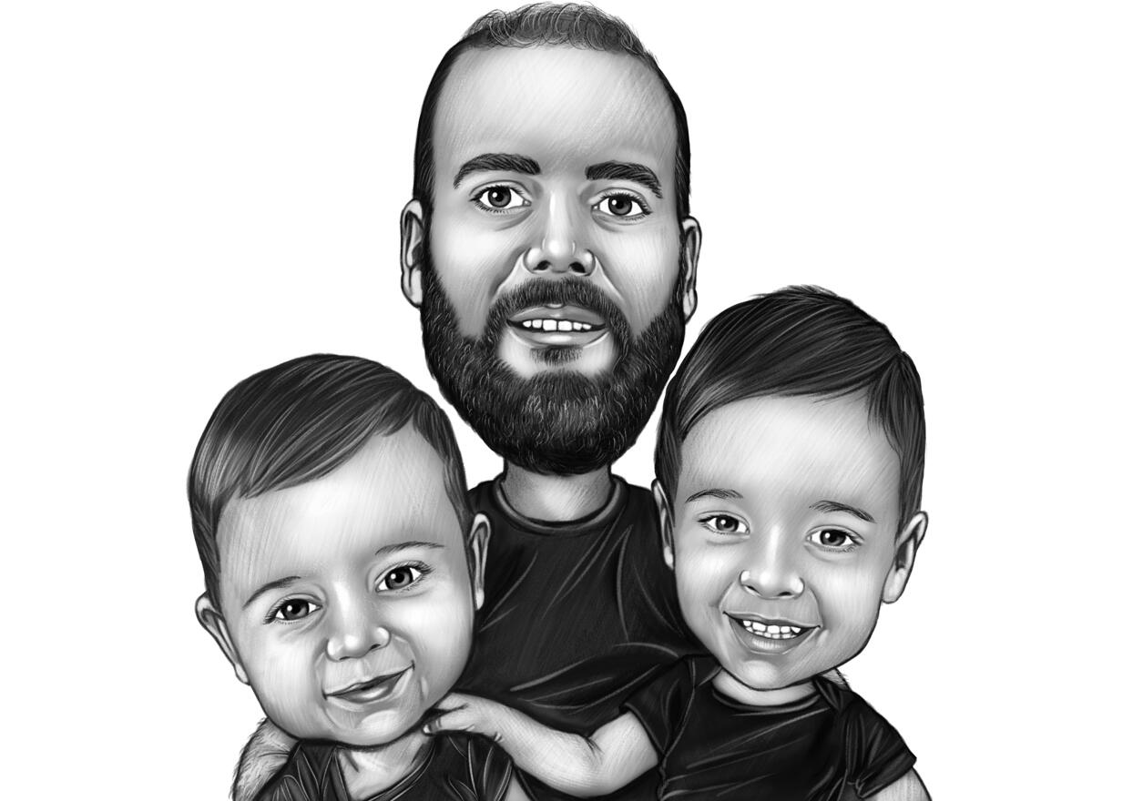 Desenho de retrato de pai com filhos a partir de fotos em estilo preto e branco Desenho de retrato de pai com filhos a partir de fotos em estilo preto e branco