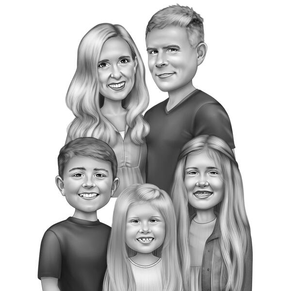 Föräldrar med barn tecknad porträtt från foto i svartvitt digital stil