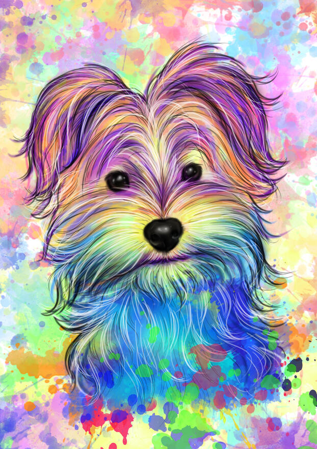 Bright Colorful Yorkie Portrait Drawing in Watercolor Style on Black ...