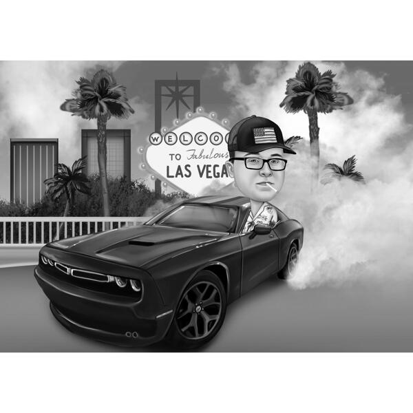 Persoon in autokarikatuur in zwart-witstijl met Las Vegas-achtergrond