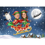 Couple as Elves in Sleigh Caricature
