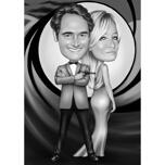Desenho de casal de James Bond em preto e branco
