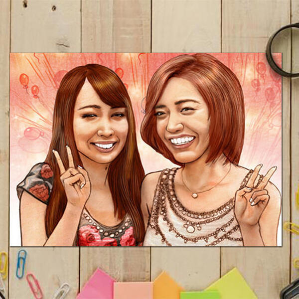 Sõprade karikatuurportree värvilise taustaga fotodelt - Prindi plakatile