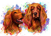 Couple of Spaniel Dogs Caricature Portrait in Bright Neon Watercolor Style from Photos