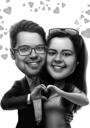 Caricatura de pareja mostrando la mano y el corazón en estilo blanco y negro