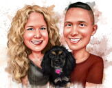 Portrait à l'aquarelle d'un couple avec des animaux de compagnie