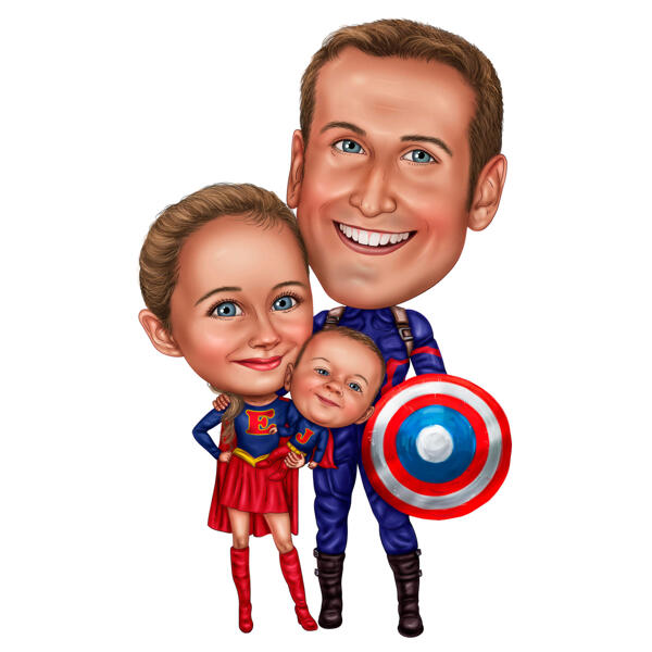 Father with Kids Superhero Exaggerated Style Caricature Hand Drawn from Photos