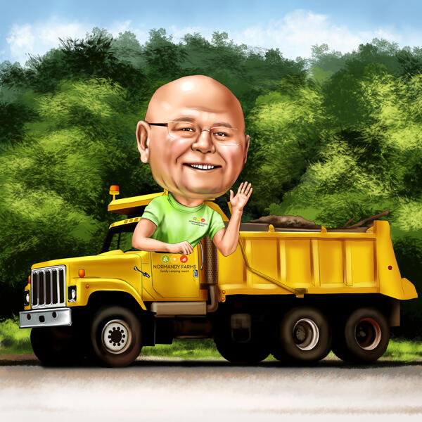 Dibujo de dibujos animados de hombre en camión volquete en estilo coloreado con fondo personalizado