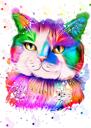 Retrato em aquarela de um gato arco-íris