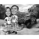 Paar mit Fahrzeugkarikatur von Fotos mit Hintergrund