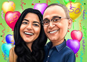 Caricatura de casal de fotos com fundo colorido para presente de aniversário do vovô