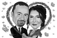 Presente de caricatura de casal de coração em estilo preto e branco de fotos