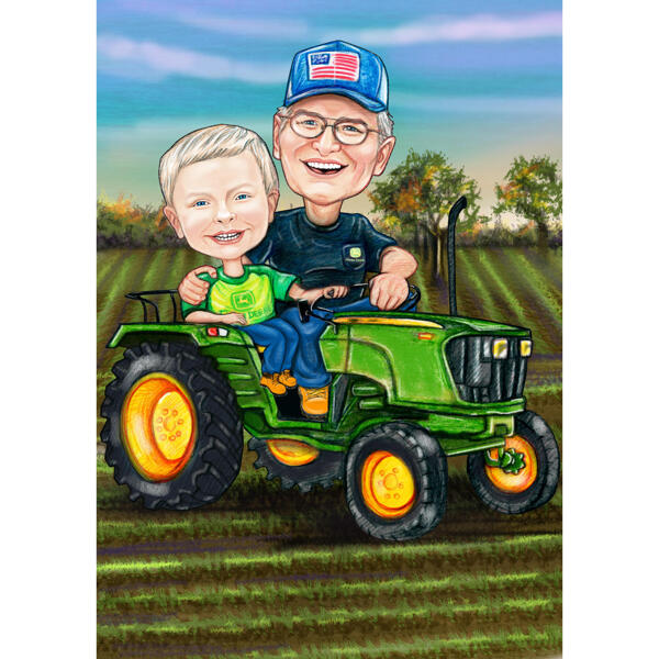 Grand-père avec un enfant dans un portrait de dessin animé de tracteur