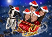 Familiekarikatuur in de slee van de Kerstman met rendieren