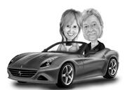 Couple en caricature de voiture dessiné à la main dans un style numérique noir et blanc
