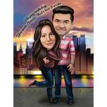 Full Body Couple Caricature in Color Style with City Background