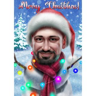 Christmas Snowman Cartoon Portrait in Color Style Drawn from Personal Photos