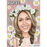 Portrait de dessin animé de belle femme dans un style de couleur avec fond de fleurs de la photo