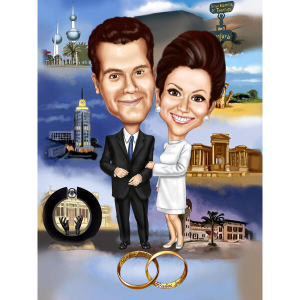 Caricatura de fotos de casamento de ouro de casal personalizado como ideia de presente de arte do 50º aniversário