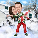 Caricatura de casal de Natal com fundo de inverno