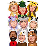 Caricature d'un groupe d'amis en costumes amusants