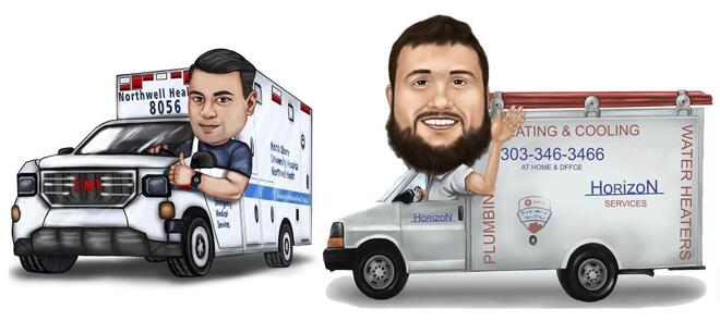 Карикатура человека в автомобиле скорой помощи