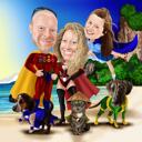 Superhero Family Caricature with Pets