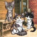 Kattegruppe -karikatur fra fotos med baggrund