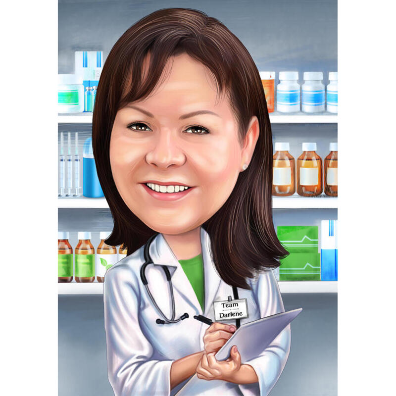 Custom Pharmacist Caricature from Photos with Pharmacy Background