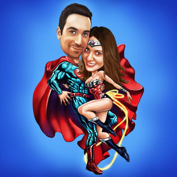 Caricatura de superhéroe de pareja voladora con fondo