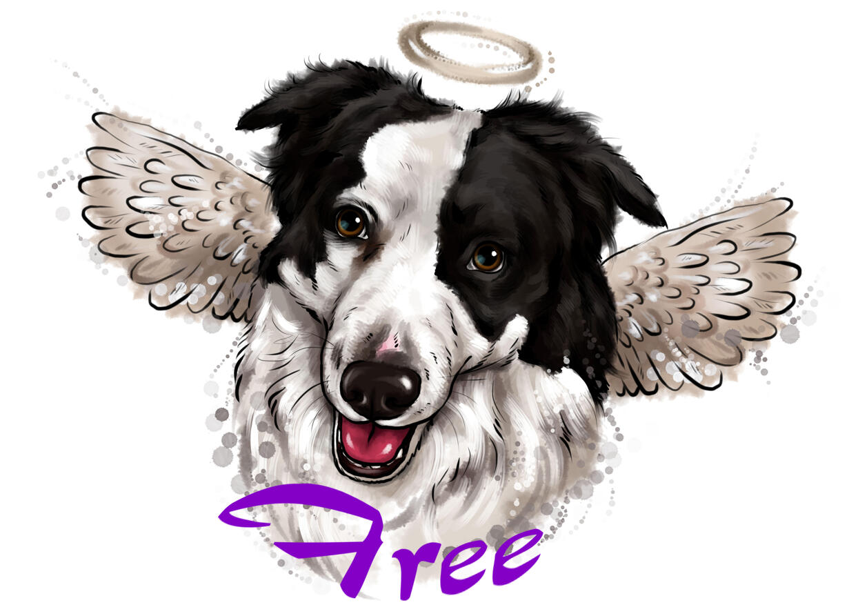 Dog Memorial Cartoon Portrait in Black and White Style with Angel