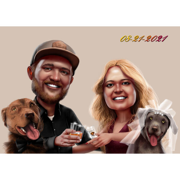 Pet Wedding: Owner with Pets Caricature from Photos with One Color Background