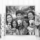 Tuval Üzerine Baskı: Siyah Beyaz Tarzda Elle Çizilmiş Fotoğraflardan Evcil Hayvan Karikatürlü Aile