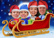 Ouders met kind in kerstcarikatuur in de slee van de Kerstman