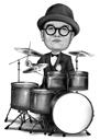Kreslený bubeník v černobílém stylu pro milovníky bubnů