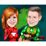 Caricature de super-héros de couple mettant en vedette des passe-temps et des professions personnalisés