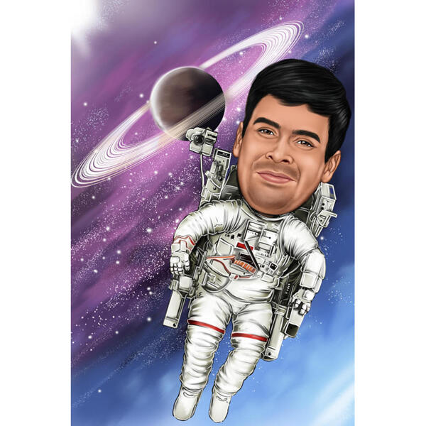 Pilna ķermeņa astronauta karikatūras portrets ar kosmosa fonu